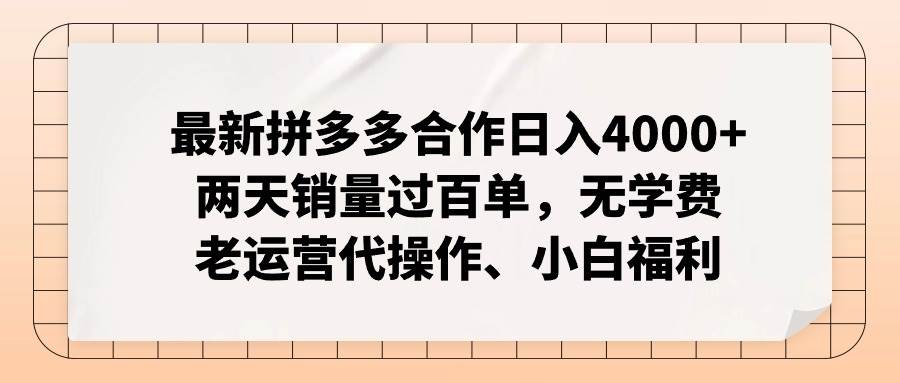 最新拼多多合作日入4000+两天销量过百单，无学费、老运营代操作、小白福利-佐帆副业网